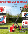 Cordless Weed Wacker With Wheels Electric Trimmer, adjustable handle, 21V battery, anti-collision protection on lawn