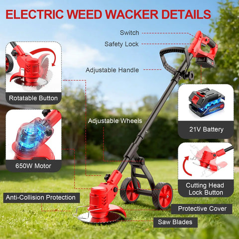 Cordless Weed Wacker With Wheels Electric Trimmer, adjustable handle, 21V battery, anti-collision protection on lawn