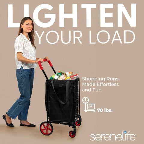 Woman using a Compact Folding Shopping Cart With Removable Waterproof Liner, 360 Degree Swivel Wheels, Rustproof Steel Frame, 70 Lb Capacity, Portable Grocery Laundry Travel Cart In Red, filled with groceries.