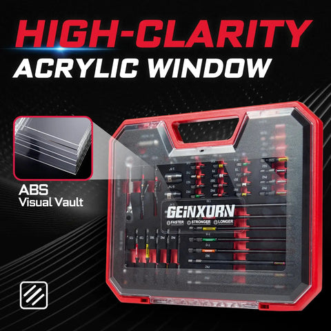 44-Piece Magnetic S2 Impact Screwdriver Bit Set With Ratchet Wrench case showing high-clarity acrylic window and ABS visual vault