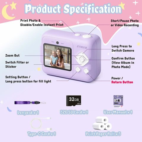 Kid Friendly Instant Print Camera With 1080P Photos Dual Lens For Wide And Close Shots Includes 32GB Card Easy To Use And Doodle Ready Fun Purple Color For Tiny Trendsetters, purple front view