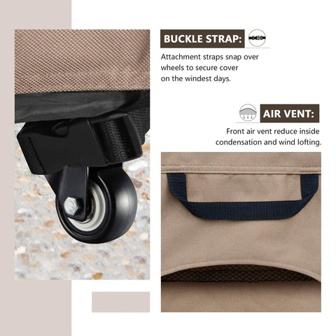 Waterproof Patio Cooler Cart Cover features buckle strap and air vent, fits 80-100 quart carts, protects against snow and hail.
