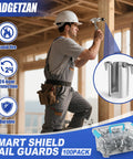 Smart Shield Nail Guards For Wire And Cable Protection 100 Pack shown in construction setting with close-up of galvanized steel guard.