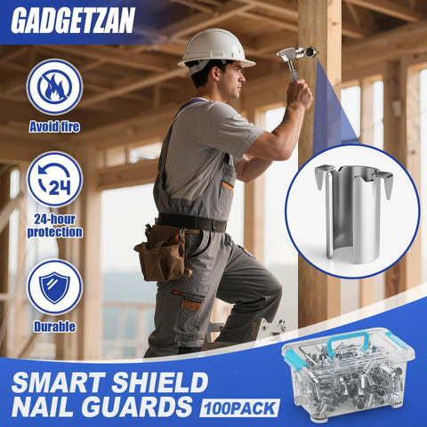 Smart Shield Nail Guards For Wire And Cable Protection 100 Pack shown in construction setting with close-up of galvanized steel guard.