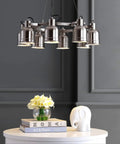Nickel Modern Eight Light Industrial Wagon Wheel LED Chandelier For Your Kitchen Island Loft Dining Room With Metal Shades And Killer Energy Saving Bulbs Included
