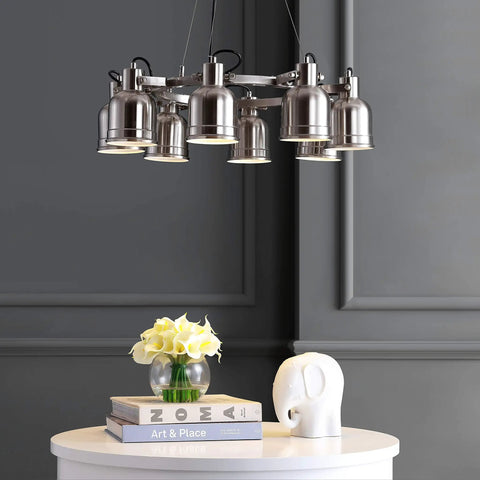 Nickel Modern Eight Light Industrial Wagon Wheel LED Chandelier For Your Kitchen Island Loft Dining Room With Metal Shades And Killer Energy Saving Bulbs Included