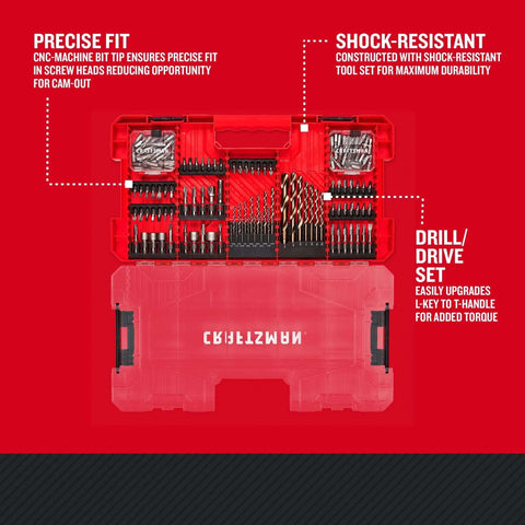 Craftsman 140-piece impact driver bit set in red case with steel, black oxide bits