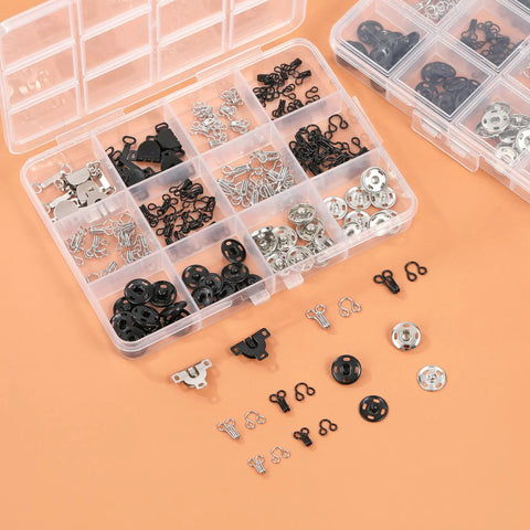 180 Piece Hook And Eye Sewing Kit All In One With Buttons And Closures For Skirts Pants And Dresses Fabric Snap Buttons Garment Snaps DIY Craft Essentials In Handy Storage Box displayed on orange background