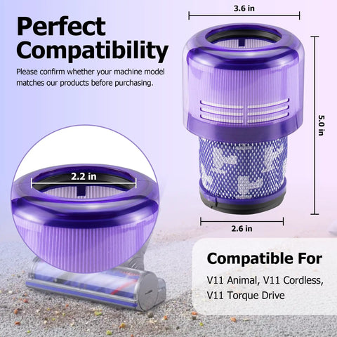 Top-Notch V11 Vacuum Filter Replacements showing dimensions and compatibility for V11 Animal and Torque Drive models