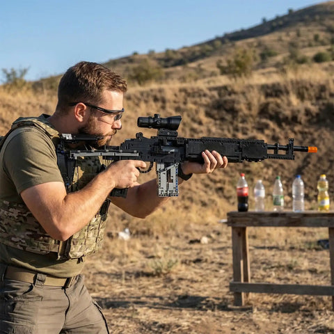 Man holding One To One Scale MK14 Style Gun Block Set With 1568 Pieces Ultra Detailed Military Sniper Rifle Model Kit for display.