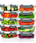 10 Pack 22 Oz Glass Meal Prep Containers With Airtight Locking Lids For Portion Control, stacked with vegetables and fruits