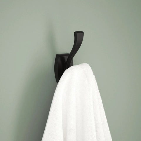 Matte Black Double J Towel Hook Wall Mounted For Robes And Towels, 2-Prong Holder, showing a white towel hanging on a wall
