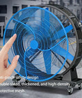 Badass Industrial Floor Fan Built Tough With Premium Permanent Magnet Motor Generates Smooth Six Blade Turbine Airflow Up To 73000 Cubic Meters Per Hour Nonstop For Big Job Sites Daily showing anti-pinch safety design and protective mesh.