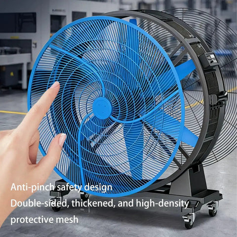 Badass Industrial Floor Fan Built Tough With Premium Permanent Magnet Motor Generates Smooth Six Blade Turbine Airflow Up To 73000 Cubic Meters Per Hour Nonstop For Big Job Sites Daily showing anti-pinch safety design and protective mesh.