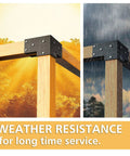 Weather-resistant heavy duty pergola corner brackets for 4 by 4 posts three and a half inch powder coated steel 3 way 90 degree angle.