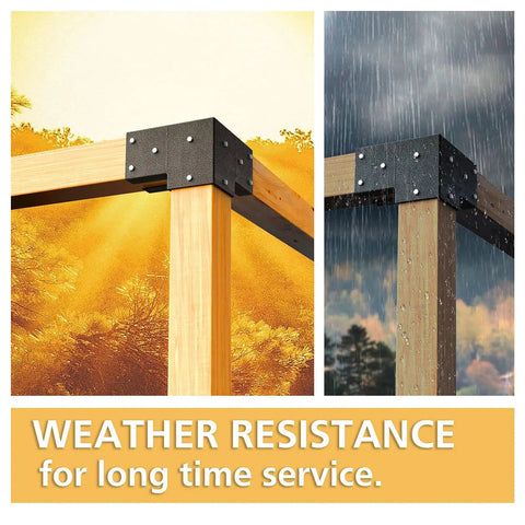 Weather-resistant heavy duty pergola corner brackets for 4 by 4 posts three and a half inch powder coated steel 3 way 90 degree angle.