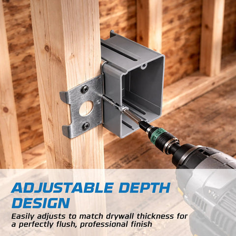Heavy Duty Adjustable Pvc Outlet Box Four Pack With Secure Mounting Brackets For Switches Gfci And Duplex Receptacles Fire Rated Wall Housing mounted on wood stud with depth adjustment feature.