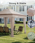 13x13 Pop Up Gazebo Canopy With Wheeled STO-N-Go Cover Bag For Patio Lawn Garden Grab-And-Go Setup Mosquito Shelter All Weather Durable Frame Easy Carry Wheels Foldable Design Backyard Shade Khaki on lawn with chairs underneath.