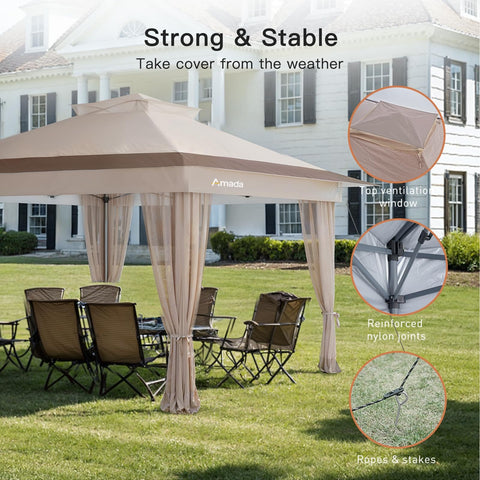13x13 Pop Up Gazebo Canopy With Wheeled STO-N-Go Cover Bag For Patio Lawn Garden Grab-And-Go Setup Mosquito Shelter All Weather Durable Frame Easy Carry Wheels Foldable Design Backyard Shade Khaki on lawn with chairs underneath.