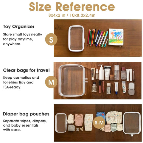 Hella Organized Travel Toiletry Bag Set Includes Four Clear Hard Shell Zipper Pouches for Cosmetic Makeup Organizer and Diaper Bag Portable Packing Essentials with size reference.