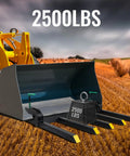 Clamp On Debris Forks For 48 Inch Buckets Heavy Duty Quick Attach Pallet Forks For Tractor Loader And Skid Steer 2500 LBS shown on farmland