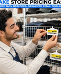 Retail worker using Clear Wire Shelf Label Holders 3.4 Inch Kit with Snap On Clips for displaying price on wire shelves