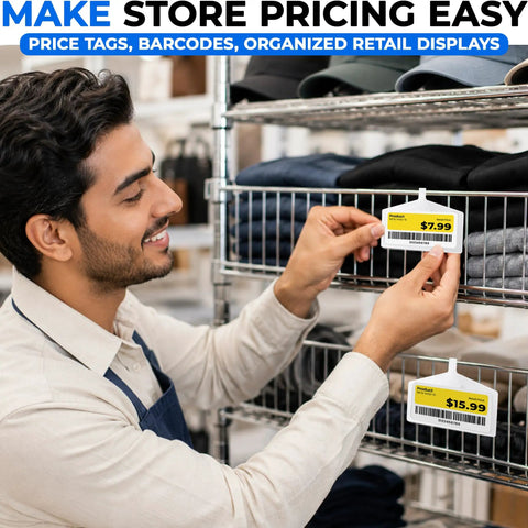 Retail worker using Clear Wire Shelf Label Holders 3.4 Inch Kit with Snap On Clips for displaying price on wire shelves