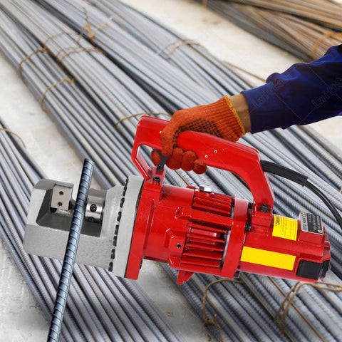 Ultra Fast 1250W Electro Hydraulic Rebar Cutter for concrete and steel cutting 4mm to 20mm rods held above rebar.