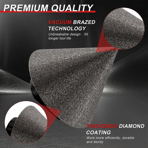 Close-up view of diamond chamfer bit with thickened coating, part of Diamond Chamfer Bit Set For Angle Grinder M14 Thread And Hex Shank Three Piece Two Inch Three Quarter Inch Diamond Finger Milling Bit For Enlarge And Shape Holes In Porcelain Ceramic Granite Marble Tile Dry And Wet Use