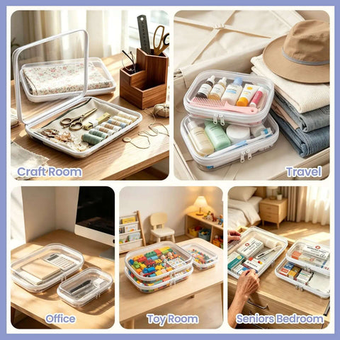 Total Game Changer Clear Hard Shell Travel Organizer Six Pack With Heavy Duty Zipper Seal For Toiletries Cosmetics Tech Cables And Daily Essentials displayed in various settings like craft room, office, and travel.