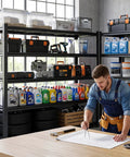 Heavy Duty Garage Shelving Rack 5 Tier Steel Storage Shelves 6000 Pounds Capacity with organized tools and cleaning supplies.