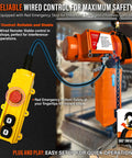 Electric Chain Hoist Half Ton With 20 Ft Wired Remote, Emergency Stop, Swivel Hook, 1100 Lb Capacity, 10 Ft Lift, 120V Overhead Crane Hoist For Garage Ceiling, Built Tough For Heavy Lifting. Visible: yellow remote control with red button.