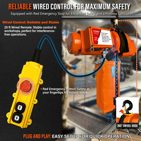 Electric Chain Hoist Half Ton With 20 Ft Wired Remote, Emergency Stop, Swivel Hook, 1100 Lb Capacity, 10 Ft Lift, 120V Overhead Crane Hoist For Garage Ceiling, Built Tough For Heavy Lifting. Visible: yellow remote control with red button.