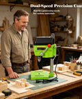Built Different 480W Mini Bench Drill Press for Wood Metal PCB Tasks With Dual Speed Modes Compact Table Machine in workshop.