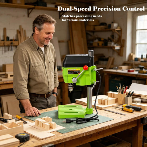 Built Different 480W Mini Bench Drill Press for Wood Metal PCB Tasks With Dual Speed Modes Compact Table Machine in workshop.