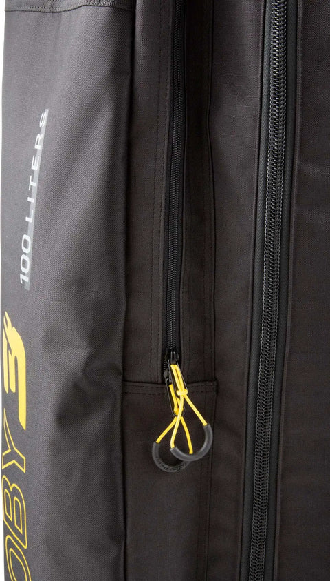 Close-up of Moby 3 100L Large Capacity Roller Luggage Bag With Backpack Straps For Easy Travel Access 3 Sided Opening And Dual Side Fin Pockets Built Tough Italian Designed Gear