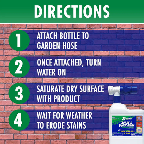 Instructions for using Spray And Walk Away Hose End Sprayer Kit 64 Ounce Three Pack Outdoor Surface Cleaner against bricks.