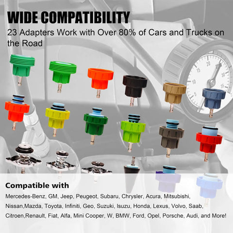 Boss Level 33 Piece Coolant Pressure Tester Kit And Vacuum Refill Tool features 23 color-coded adapters for car compatibility.