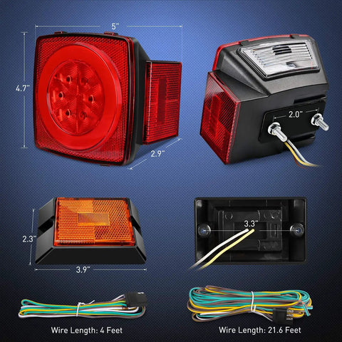 Two Pack LED Trailer Heavy Duty Light Kit With Halo Glow Ring Submersible Lights dimensions and wiring details