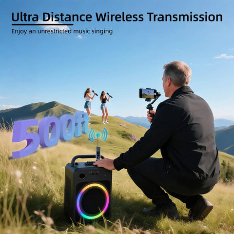 Person using Wireless Karaoke Microphone System For Singing, Crazy Long Range 500ft 150m in outdoor setting with dual mics.