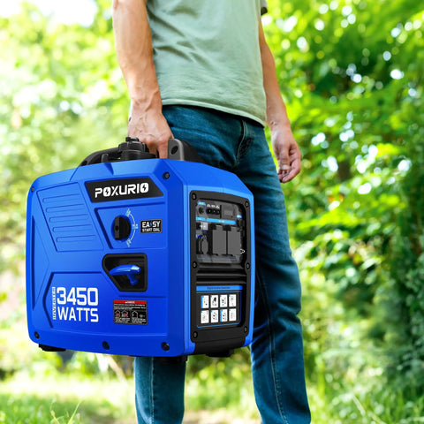 Person holding a blue 3450 Watt Portable Inverter Generator For Camping And RV Use With A 1.6 Gallon Gas Tank, outdoors.