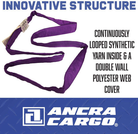 Endless Round Lifting Sling 1 Inch By 12 Feet Purple showing synthetic yarn core and double wall polyester cover.