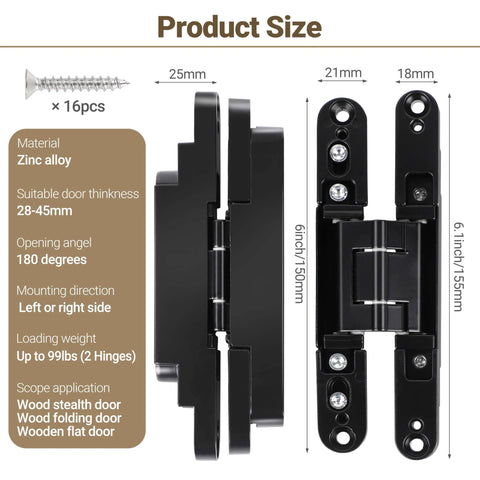 Hidden Door Hinges 2 Pack Black Low Profile Invisible Zinc Alloy Concealed Hinges 6 x 2 x 1.2 Inches 3 Way Adjustable