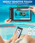 Waterproof Phone Pouch With Sealing Strip held underwater displaying sensitive touch capability.