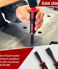 Hand using cold chisel from 9 Piece Punch And Chisel Set With Cape And Cold Chisels, Center, Pin And Taper Punches, Hand Guard For Safe Grip, Chrome Vanadium, 58-60 HRC, Forged Durability For Wood, Metal And Automotive Projects
