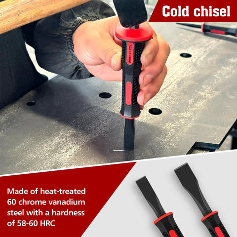 Hand using cold chisel from 9 Piece Punch And Chisel Set With Cape And Cold Chisels, Center, Pin And Taper Punches, Hand Guard For Safe Grip, Chrome Vanadium, 58-60 HRC, Forged Durability For Wood, Metal And Automotive Projects