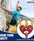 Man climbing rock with red Zipline Pulley 25KN Aluminum Alloy Trolley With Stainless Steel Bearings for smooth glide inset.