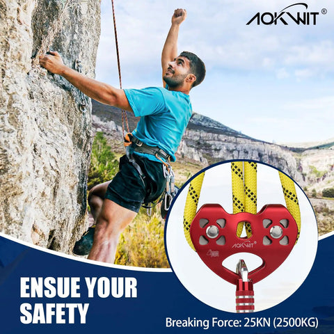 Man climbing rock with red Zipline Pulley 25KN Aluminum Alloy Trolley With Stainless Steel Bearings for smooth glide inset.
