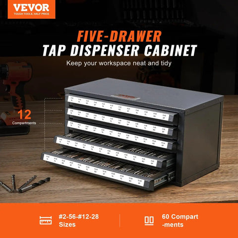 Five Drawer Steel Tap Dispenser Cabinet With Sixty Compartments Holds Tap Sizes From 2 56 To 12 28, Stackable Gray Cabinet.