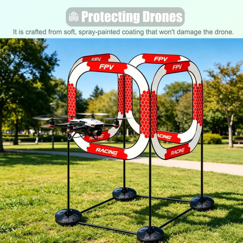 Drone Obstacle Course Kit For Micro Drones, FPV Racing Gates, Indoor Practice Arena in park with quadcopter flying through gates